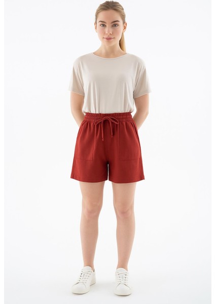 Lastikli Keten Şort Kiremit modelleri