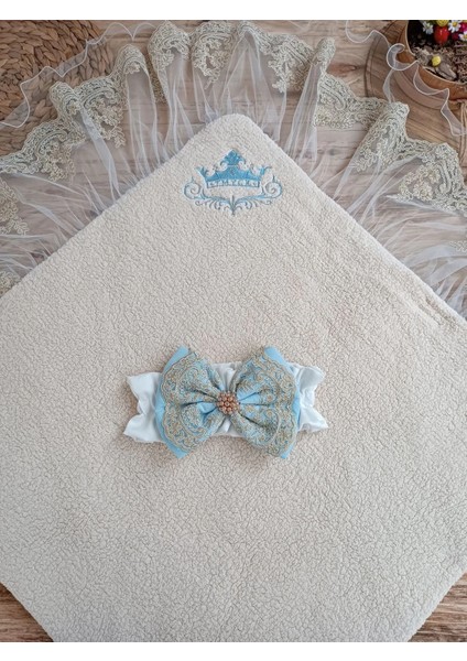 Litaetrend Yenidoğan Kuzulu Taç Nakış Güpürlü Fiyonklu Duvaklı Prizma Taş Unisex Kundak Bebek Battaniyesi Mavi fırsatları