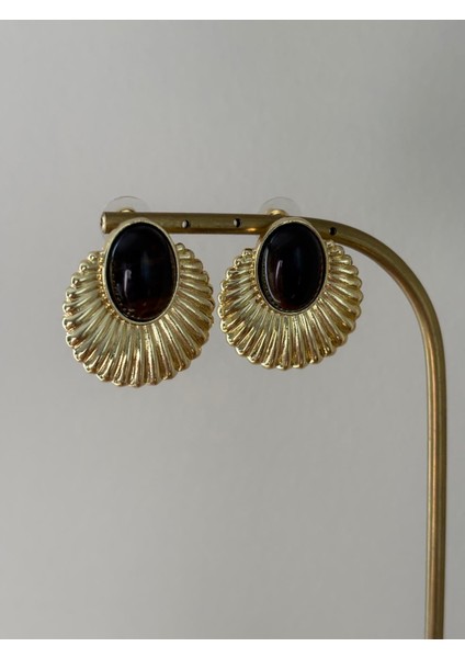 Kahverengi Mineli Yelpaze Model Büyük Boy Gold Çelik Küpe