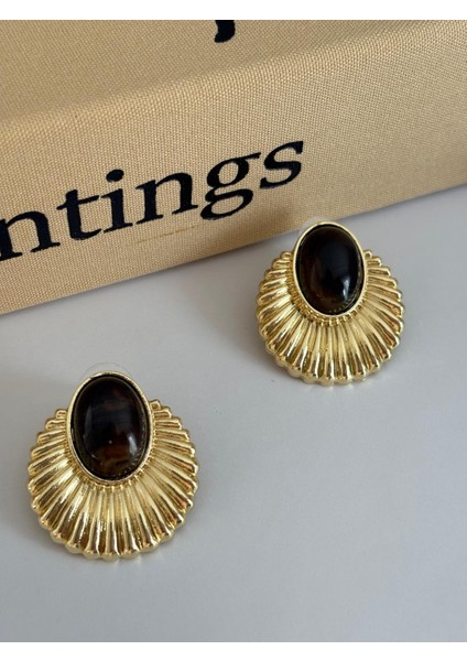 Kahverengi Mineli Yelpaze Model Büyük Boy Gold Çelik Küpe modelleri