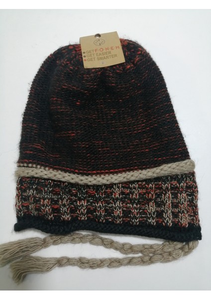 Triko Örgü Dökümlü Unisex Bere Turuncu-Siyah Örgü Saçaklı Standart