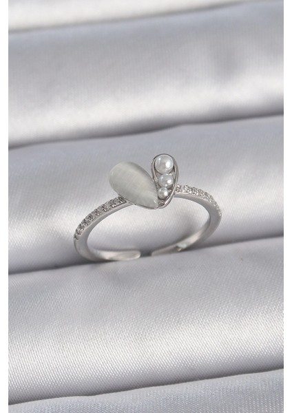 Bfs Pirinç Gümüş Renk Ayarlanabilir Zirkon Taşlı Incili Beyaz Mineli Kalp Model Kadın Yüzük