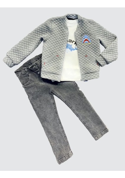 Litaetrend 4-5-6 Yaş Kot Pantolonlu Pilot Mont Uzun Kollu Penye Sweat 3lü Erkek Çocuk Takımı Gri