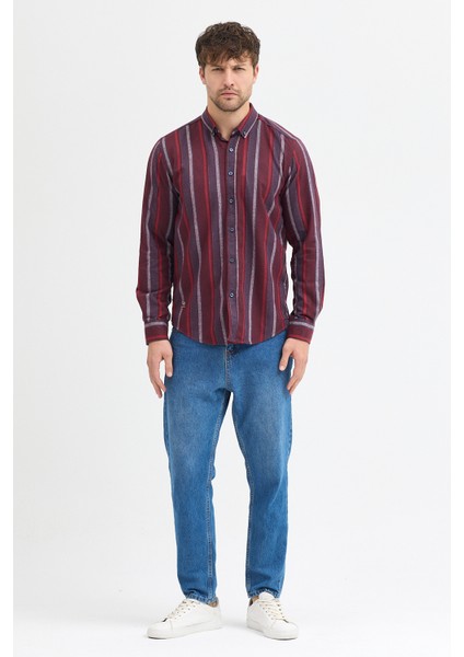 Erkek Dikine Çizgili Melanj Button Down Regular Fit Pamuk Polyester Gömlek