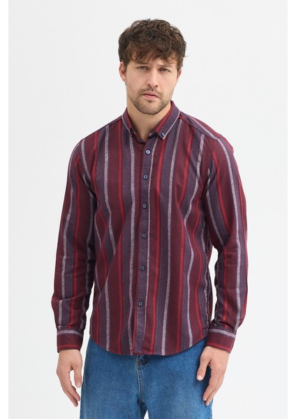 Erkek Dikine Çizgili Melanj Button Down Regular Fit Pamuk Polyester Gömlek modelleri
