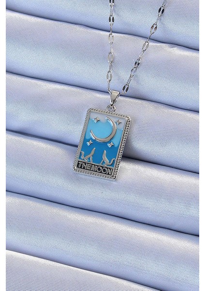 Bfs 316L Çelik Zincir Gümüş Renk Mavi Mineli Ay Figür Tarot Kolye