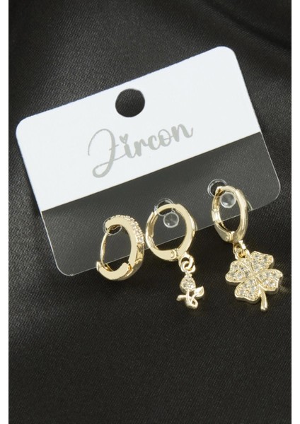 3 Adet Yonca Zirkon Taşlı Küpe