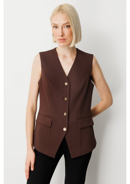 Kadın Kapak Cepli V Yaka Yelek 5037 Kahverengi