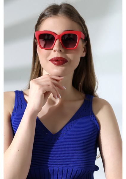 Kadın Kare Kırmızı Mat Güneş Gözlüğü Garson Boy 23048-