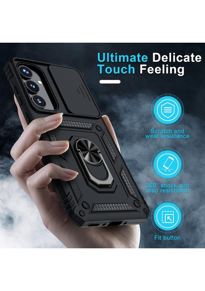 Samsung Galaxy A55 Uyumlu Ekran Koruyucu Kılıf Sürgülü Yüzüklü Standlı Darbe Emici Tank Kapak