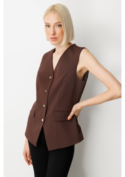 Kadın Kapak Cepli V Yaka Yelek 5037 Kahverengi fiyatları