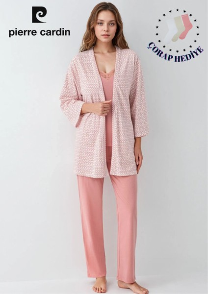 Kadın Modal Kutulu 3 Parça Desenli Pembe Sabahlık & Pijama Takımı Set L1.PC.908.2.001