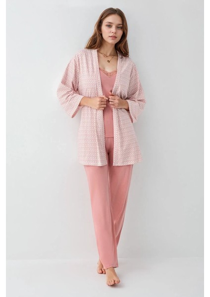 Kadın Modal Kutulu 3 Parça Desenli Pembe Sabahlık & Pijama Takımı Set L1.PC.908.2.001 fiyatları