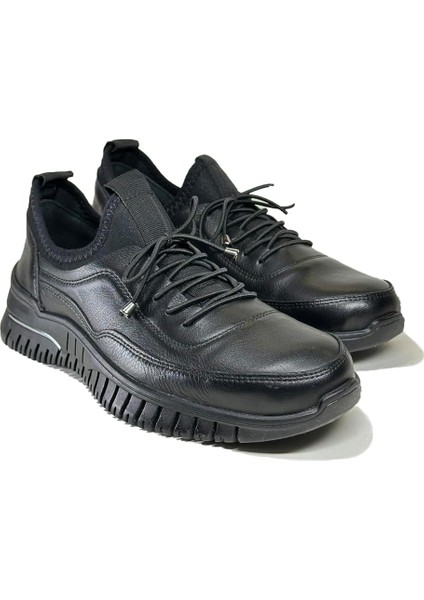 Siyah Hakiki Deri Günlük Ayakkabı, Bağcıklı, Esnek Taban, Konforlu Spor Model