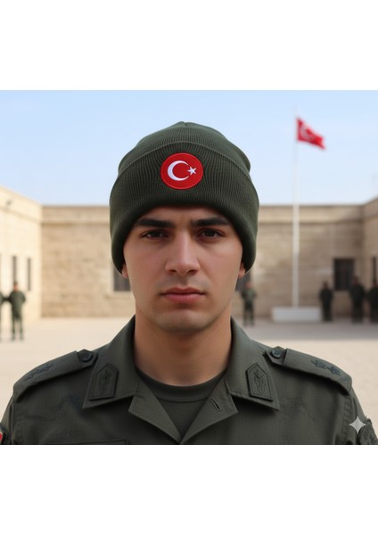 Türk Bayraklı Askeri Haki Renk Kışlık Akrilik Bere