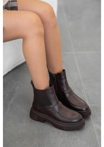 Adda Hakiki Deri Lastikli Kadın Bot Kahverengi