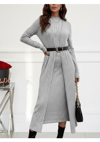 Kadın Uzun Kollu Yarı Balıkçı Yaka Şardonlu Kaşkorse Elbise ve Uzun Hırka Ikili Takım modelleri