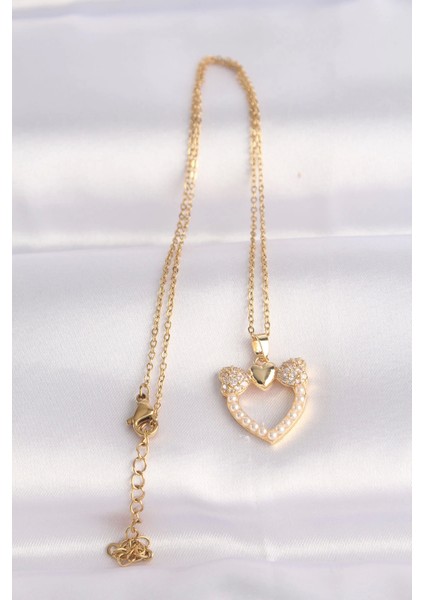 Bfs 316L Çelik Zincir Altın Renk Inci Taş Detay Zirkon Taşlı Kalp Kolye fiyatları