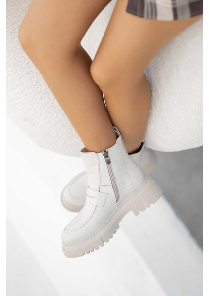 Adda Hakiki Deri Lastikli Kadın Bot Ekru