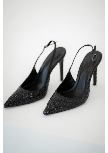 Sera Topuklu Taşlı Saten Abiye Ayakkabı Siyah fırsatları