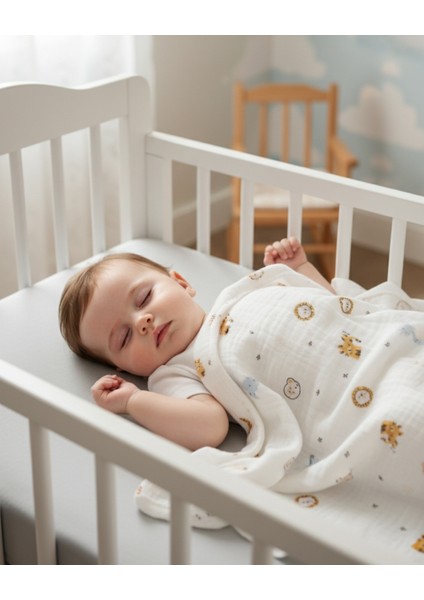 Aslıva %100 Pamuk Müslin Bebek Battaniyesi Kundak Örtüsü Safari Desenli Yumuşak