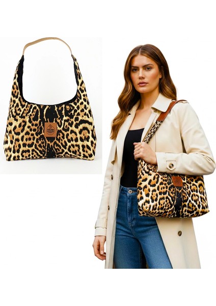 El Yapımı Leopar Desenli Hobo Bag Omuz Çantası