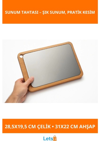 Ahşap Paslanmaz Çelik Kesim ve Sunum Tahtası 31X22 cm