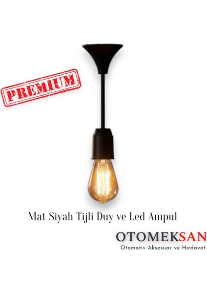 Siyah Porselen Tijli Duy E27 + Edison Ampul Seti – Modern Retro Tavan Aydınlatma