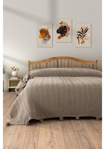 Çift Kişilik Ponponlu Triko Örme Battaniye - Yumuşak Doku & Şık Tasarım - Bej - 220X240 cm