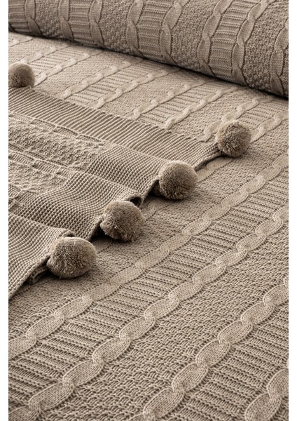 Çift Kişilik Ponponlu Triko Örme Battaniye - Yumuşak Doku & Şık Tasarım - Bej - 220X240 cm fiyatları