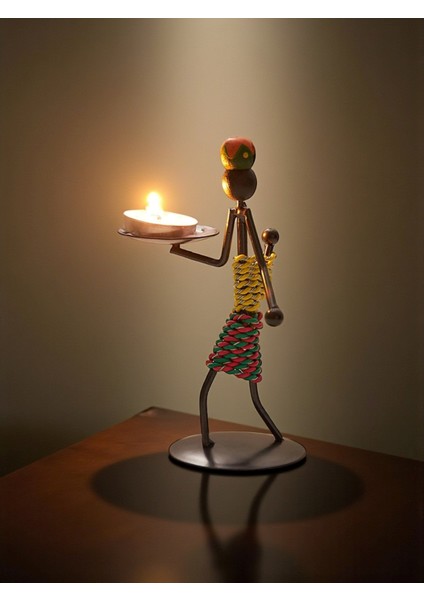 Retro Etnik Afrika Figürlü Demir Mumluk / Şamdan Tutucu - Masaüstü Dekor (Yükseklik 15 Cm) fiyatları