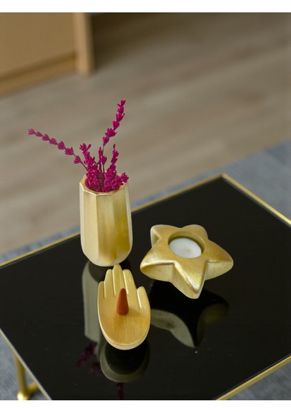 3’lü Dekoratif Set – Vazo, Yıldız Mumluk ve El Şeklinde Tütsülük, (Lavanta, Tütsü ve Mum Dahil)