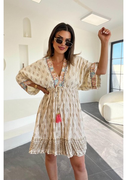 Yarasa Kol Etniik Desen Elbise Ekru modelleri