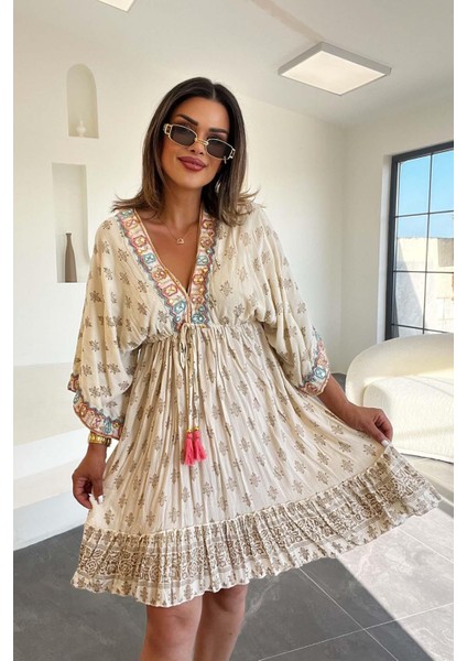Yarasa Kol Etniik Desen Elbise Ekru fırsatları