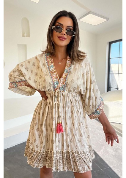 Yarasa Kol Etniik Desen Elbise Ekru indirimleri