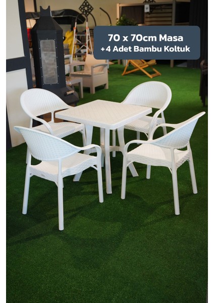 Bambu Balkon Bahçe Masa Takımı 4 Kişilik 70X70 Masa 4 Adet Bambu Koltuk Beyaz