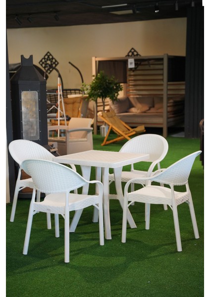 Bambu Balkon Bahçe Masa Takımı 4 Kişilik 70X70 Masa 4 Adet Bambu Koltuk Beyaz fiyatları