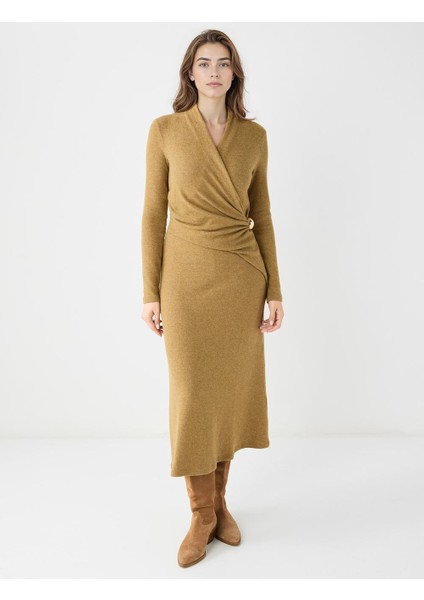 Yağ Yeşili Kruvaze Yaka Yumuşak Dokulu Örme Midi Elbise