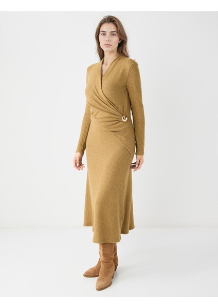 Yağ Yeşili Kruvaze Yaka Yumuşak Dokulu Örme Midi Elbise fiyatları