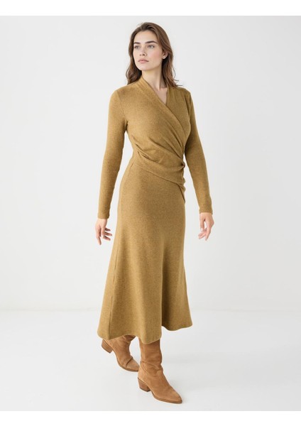 Yağ Yeşili Kruvaze Yaka Yumuşak Dokulu Örme Midi Elbise modelleri