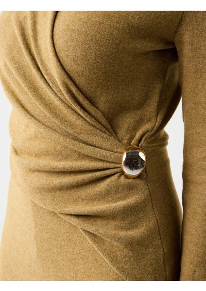 Yağ Yeşili Kruvaze Yaka Yumuşak Dokulu Örme Midi Elbise fırsatları