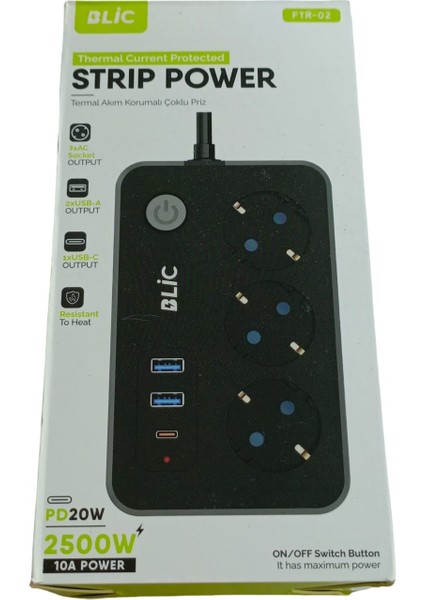 Termal Korumalı Hızlı Şarj Destekli Çoklu Priz (3 Priz + 2 USB + 1 Type-C)