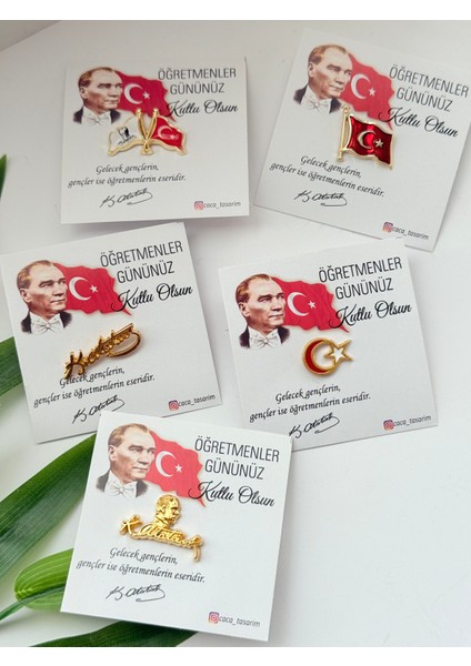 Türk Bayrağı ve Atatürk Rozetleri 5 Li Kombin Öğretmenler Günü Tebrik Kartlı