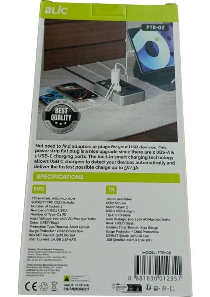 Termal Korumalı Hızlı Şarj Destekli Çoklu Priz (3 Priz + 2 USB + 1 Type-C) modelleri