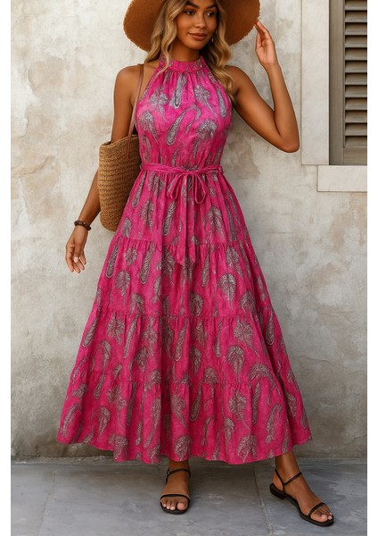 Kadın Omuzlardan Açık Boyundan Geçmeli Desenli Süprem Bluz