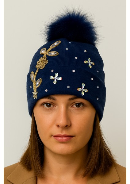 Kadın Örgü Ponponlu Bere Lacivert Standart