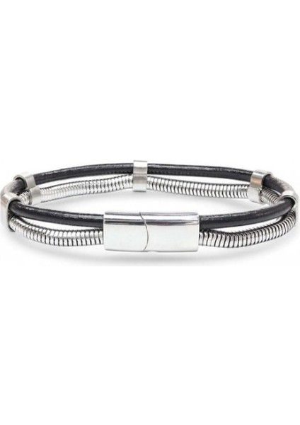 Spiral Çelik Zincir ve Deri Bileklik 959BLK1001