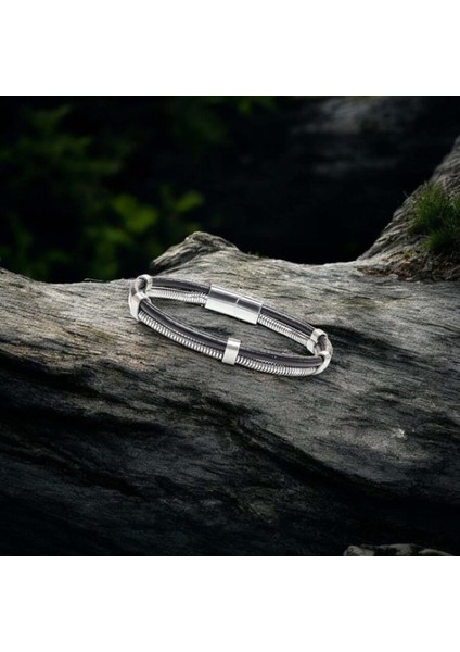 Spiral Çelik Zincir ve Deri Bileklik 959BLK1001 fırsatları