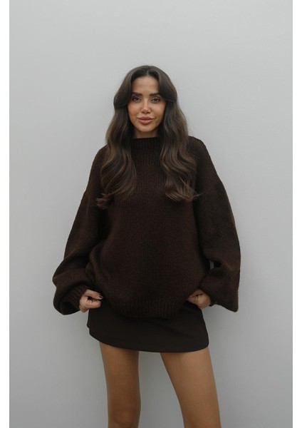 Kahverengi Balon Kol Bisiklet Yaka Kazak