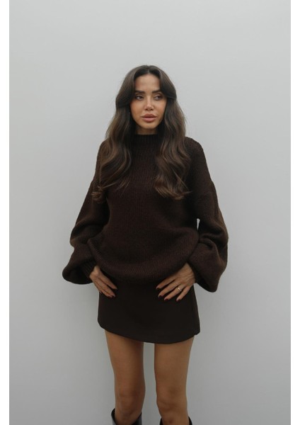 Kahverengi Balon Kol Bisiklet Yaka Kazak modelleri